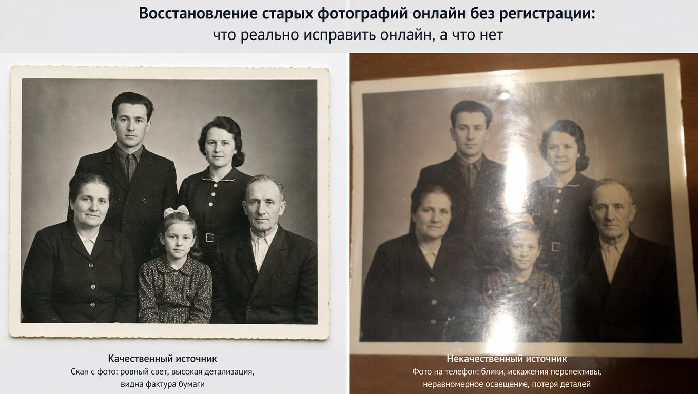 Сравнение качества исходника: хороший скан vs фото с бликами, снятое на телефон.
Style: realistic editorial restoration content, respectful family archive mood.
Content atom: восстановить старые фото без регистрации
Variant: Можно ли восстановить старые фото без регистрации: что реально исправить онлайн, а что нет