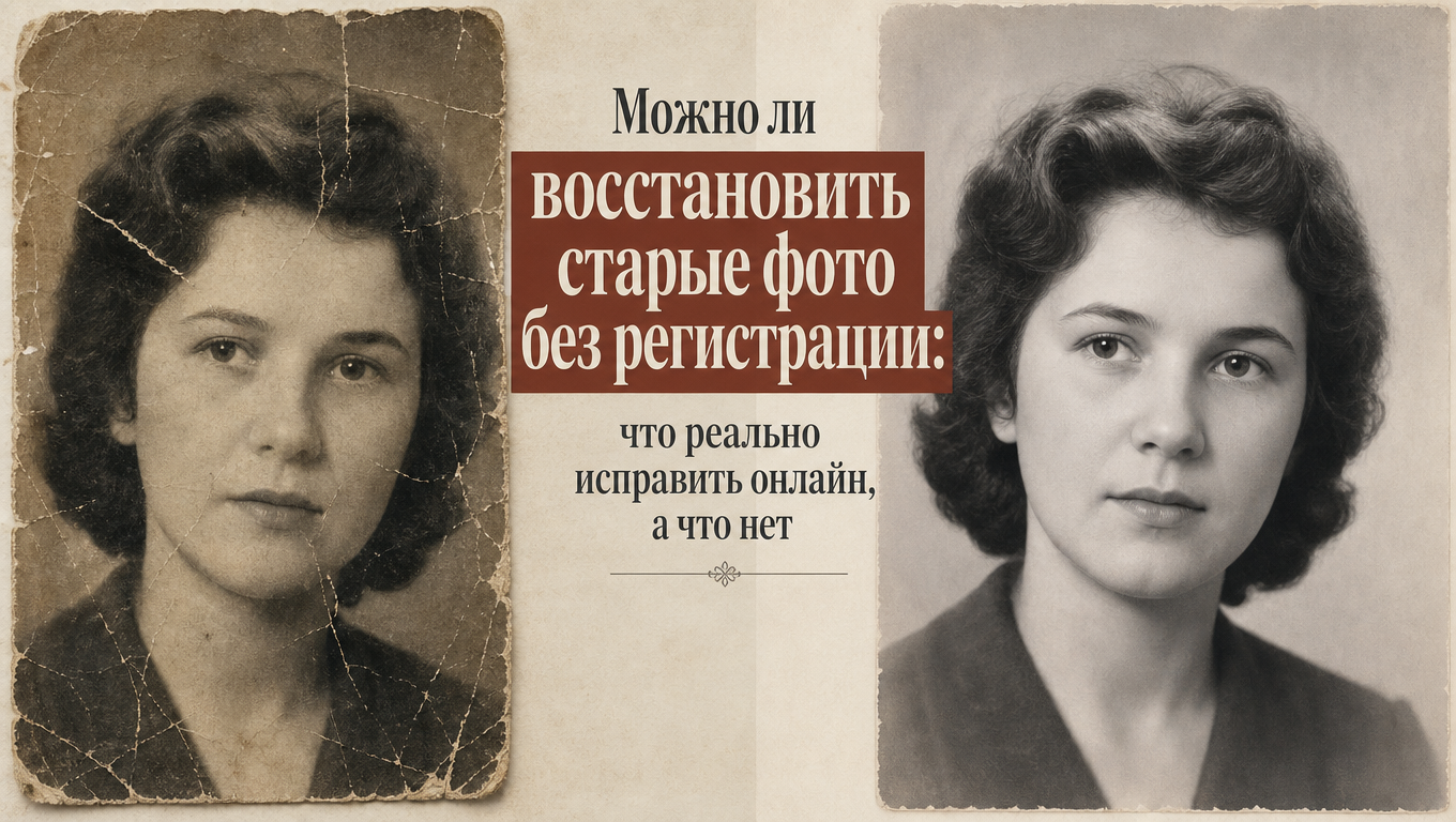 Before/after портрета с сохранением сходства: акцент на лице, но без гипердетализации.
Style: realistic editorial restoration content, respectful family archive mood.
Content atom: восстановить старые фото без регистрации
Variant: Можно ли восстановить старые фото без регистрации: что реально исправить онлайн, а что нет