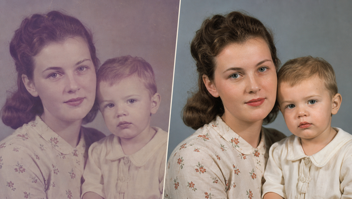 before/after по цветности: слева исходник с выцветанием, справа аккуратно восстановленный цвет; alt: «Сравнение старой фотографии до и после восстановления цветности», caption: «Мягкое восстановление оттенков без чрезмерной обработки».
Style: realistic editorial restoration content, respectful family archive mood.
Content atom: восстановление цветности фотографии
Variant: Как восстановить цветность старой фотографии онлайн и не потерять сходство