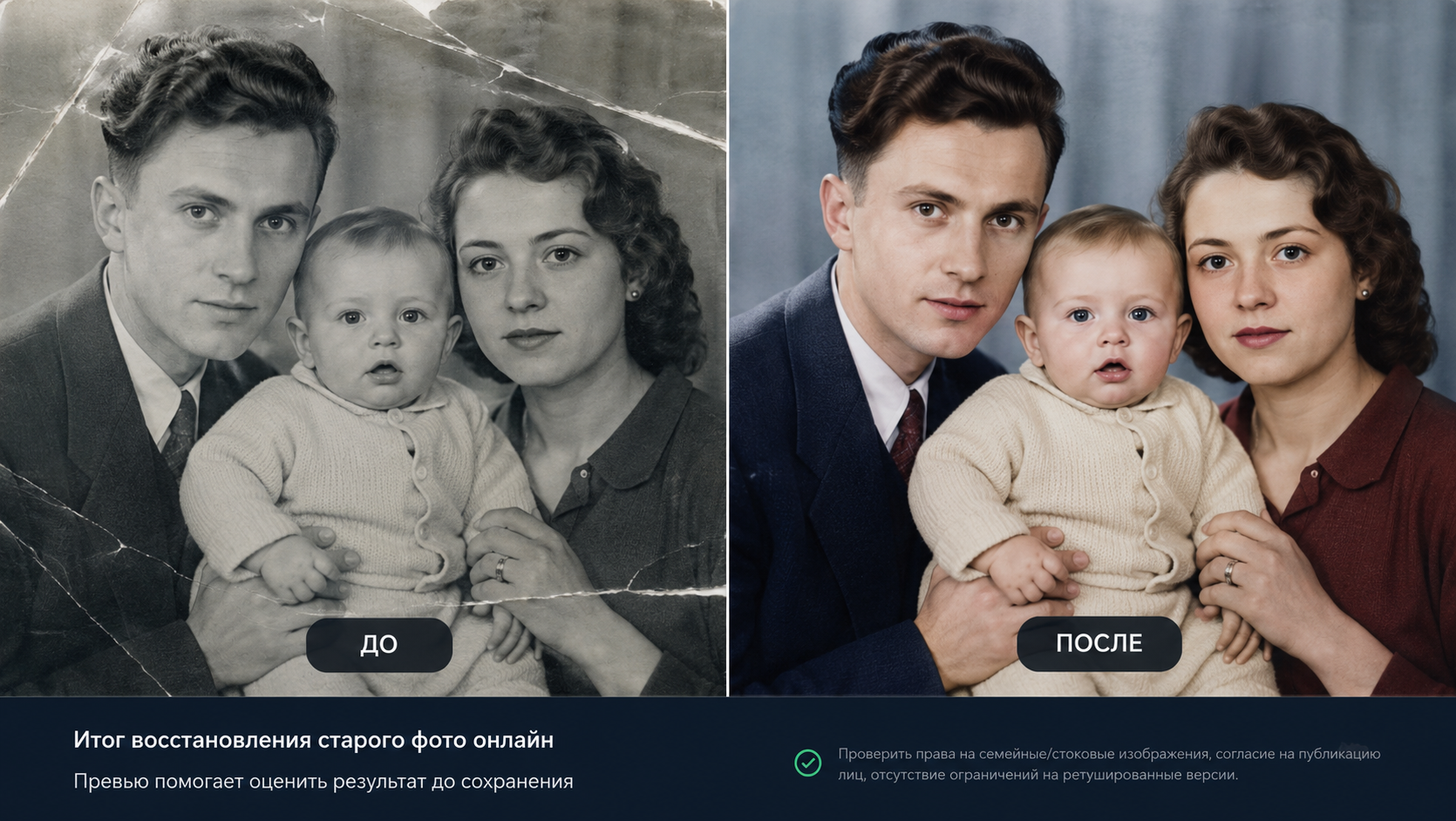 финальный before/after с общим улучшением качества, цветности и чистоты; alt: «Итог восстановления старого фото онлайн», caption: «Превью помогает оценить результат до сохранения». Проверить права на семейные/стоковые изображения, согласие на публикацию лиц, отсутствие ограничений на ретушированные версии.
Style: realistic editorial restoration content, respectful family archive mood.
Content atom: восстановление цветности фотографии
Variant: Как восстановить цветность старой фотографии онлайн и не потерять сходство