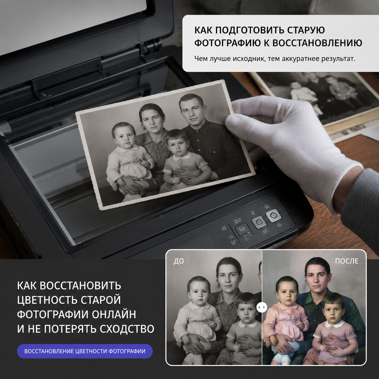фото процесса подготовки исходника: скан старой фотографии или ровно снятый отпечаток без бликов; alt: «Как подготовить старую фотографию к восстановлению», caption: «Чем лучше исходник, тем аккуратнее результат».
Style: realistic editorial restoration content, respectful family archive mood.
Content atom: восстановление цветности фотографии
Variant: Как восстановить цветность старой фотографии онлайн и не потерять сходство
