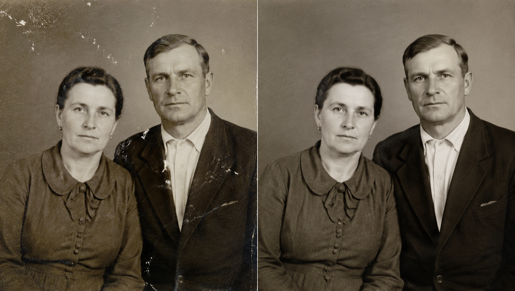 Before/after старого фото с царапинами, пылью и пятнами: слева исходник, справа восстановленная версия, изменения умеренные и реалистичные.
Style: realistic editorial restoration content, respectful family archive mood.
Content atom: восстановление фотографий с помощью нейросетей
Variant: Восстановление старых фото с помощью нейросетей: как аккуратно вернуть снимку жизнь и не потерять сходство